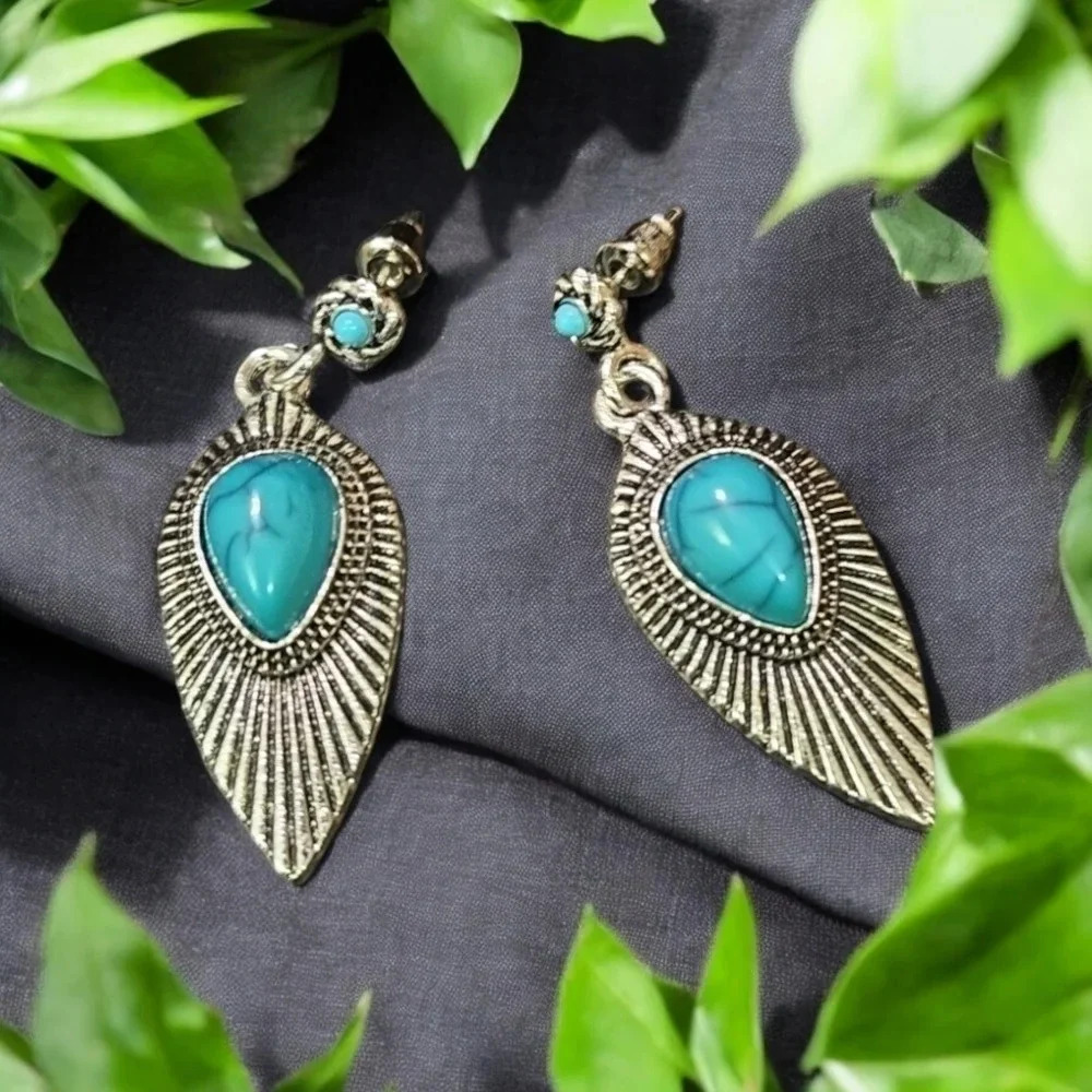 Bohemian Turquoise Stone Silver Plated Dangle Earrings